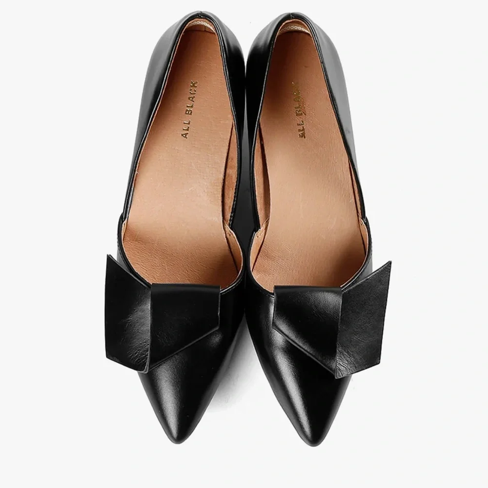 Like New Luxury Black Leather Wedge Heels – Half Bow – $215 Retail.
